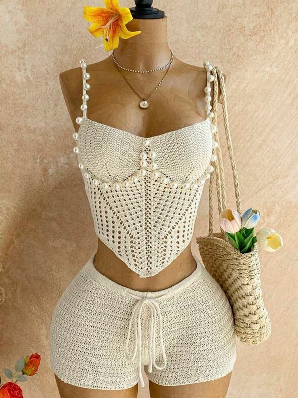Cream Crochet Pearl-Trim Camisole & Shorts Set